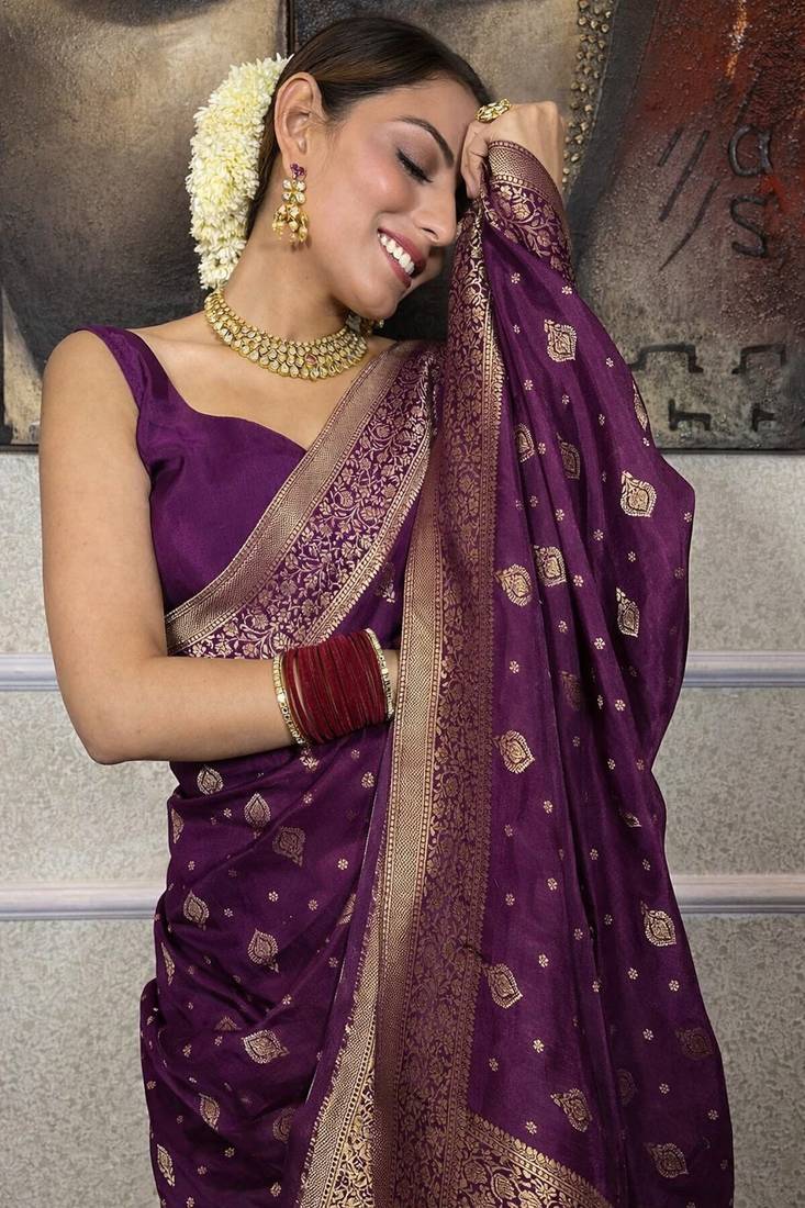 wine soft art silk banarasi jacuard work designer party wear saree with unstitched blouse piece