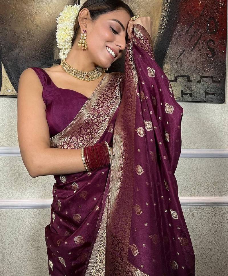 wine soft art silk banarasi jacuard work designer party wear saree with unstitched blouse piece
