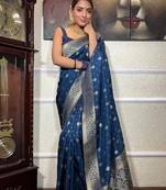 blue soft art silk banarasi jacuard work designer party wear saree with unstitched blouse piece