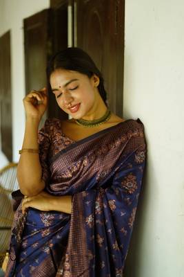 blue silk blend banarasi saree with unstitched blouse piece 1