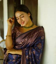 blue silk blend banarasi saree with unstitched blouse piece