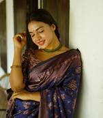 blue soft art silk banarasi jacuard work designer party wear saree with unstitched blouse piece