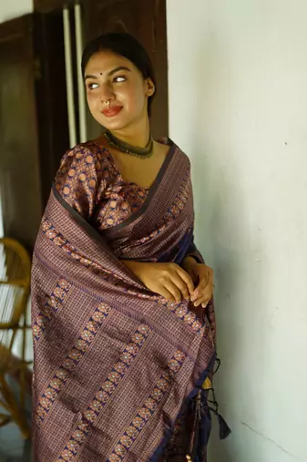 blue silk blend banarasi saree with unstitched blouse piece