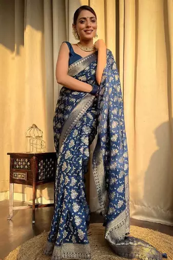 blue soft art silk banarasi jacuard work designer party wear saree with unstitched blouse piece
