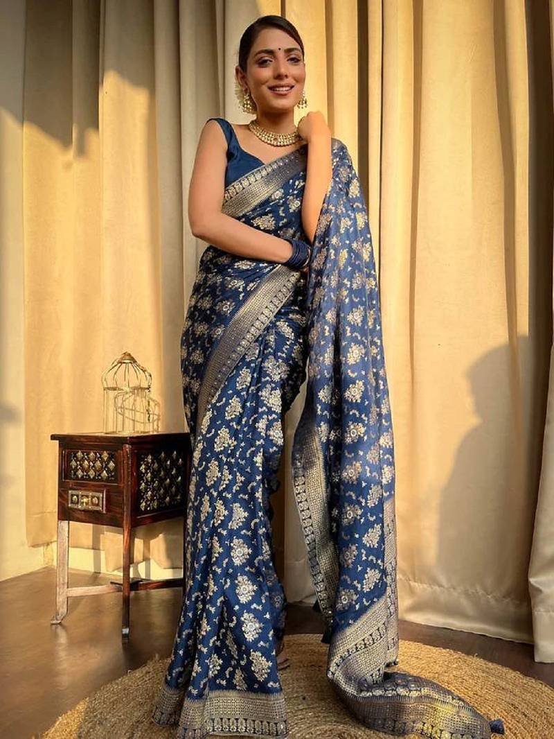 blue soft art silk banarasi jacuard work designer party wear saree with unstitched blouse piece