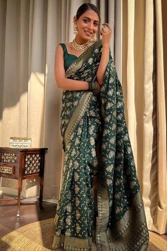 green soft art silk banarasi jacuard work designer party wear saree with unstitched blouse piece