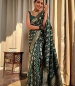 green soft art silk banarasi jacuard work designer party wear saree with unstitched blouse piece