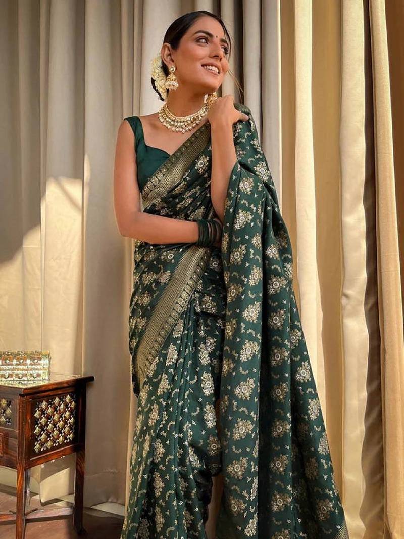 green soft art silk banarasi jacuard work designer party wear saree with unstitched blouse piece