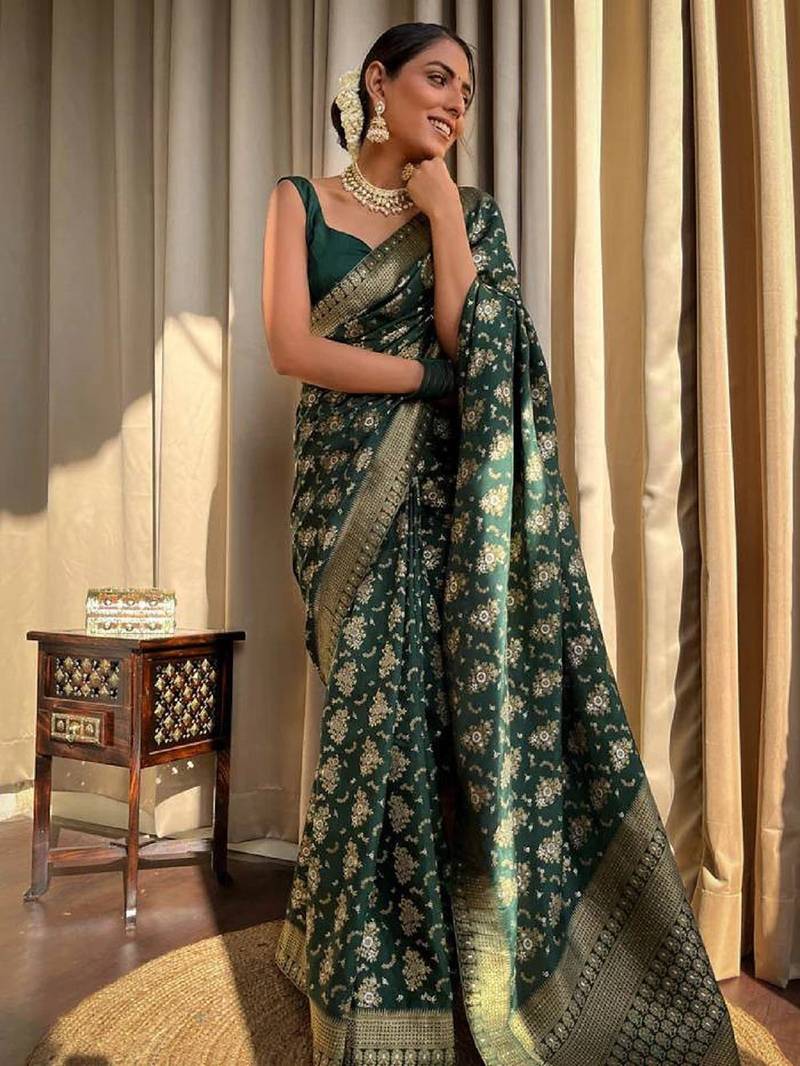 green soft art silk banarasi jacuard work designer party wear saree with unstitched blouse piece