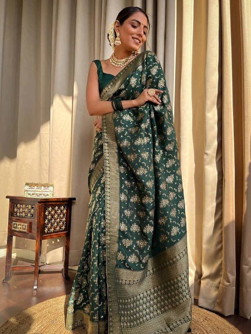 green soft art silk banarasi jacuard work designer party wear saree with unstitched blouse piece