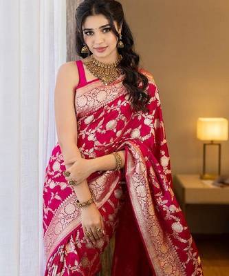  pink silk blend banarasi saree with unstitched blouse piece 4