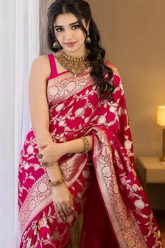  pink silk blend banarasi saree with unstitched blouse piece