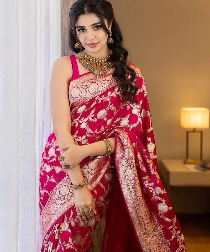  pink soft art silk banarasi jacuard work designer party wear saree with unstitched blouse piece