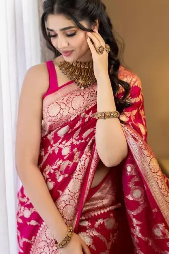  pink silk blend banarasi saree with unstitched blouse piece