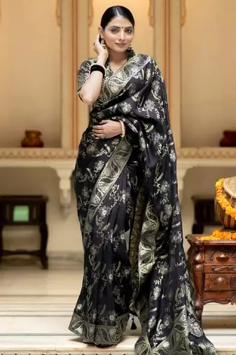 black soft art silk banarasi jacuard work designer party wear saree with unstitched blouse piece