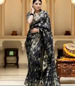 black soft art silk banarasi jacuard work designer party wear saree with unstitched blouse piece