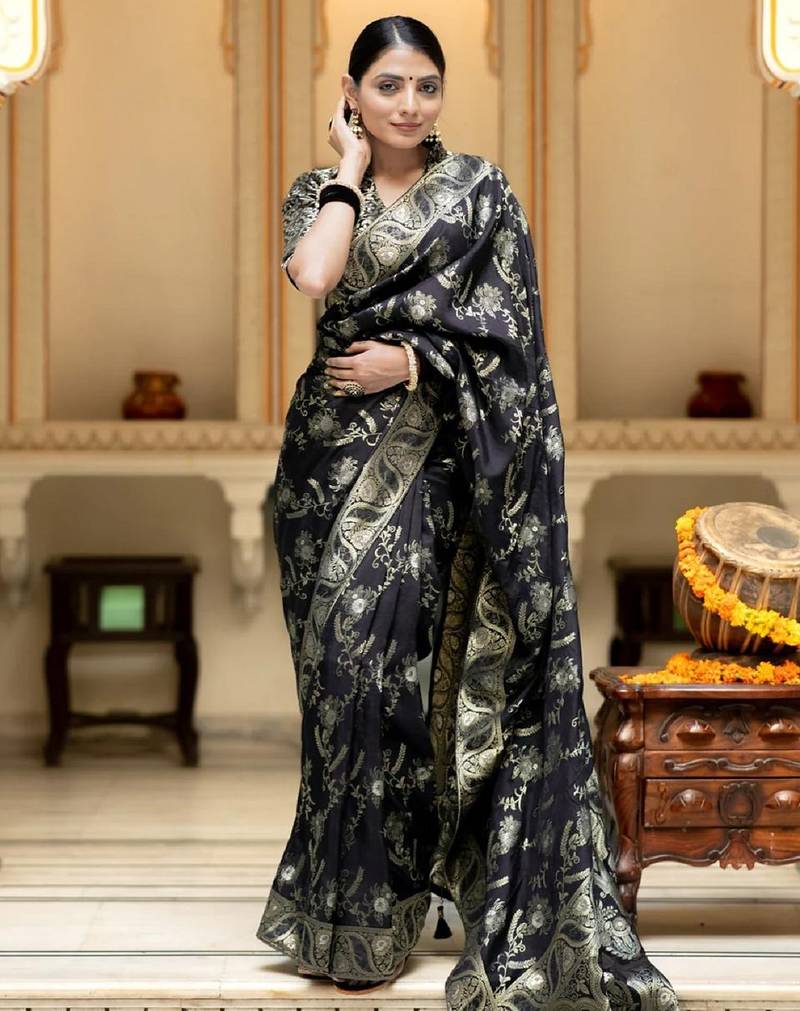 black soft art silk banarasi jacuard work designer party wear saree with unstitched blouse piece