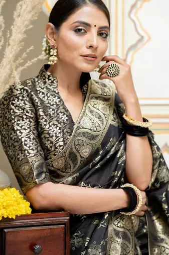 black silk blend banarasi saree with unstitched blouse piece