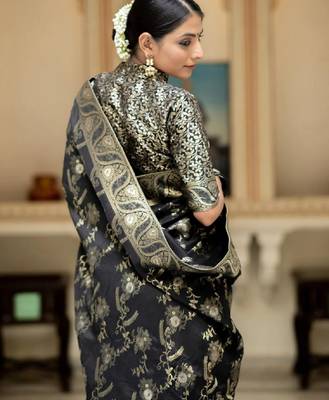 black silk blend banarasi saree with unstitched blouse piece 3
