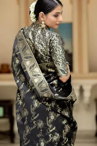 black silk blend banarasi saree with unstitched blouse piece