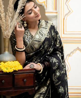 black silk blend banarasi saree with unstitched blouse piece 4