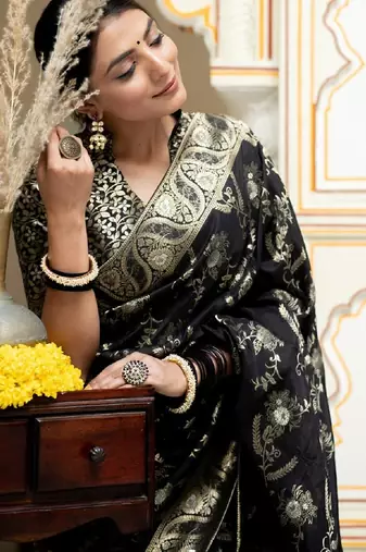 black silk blend banarasi saree with unstitched blouse piece
