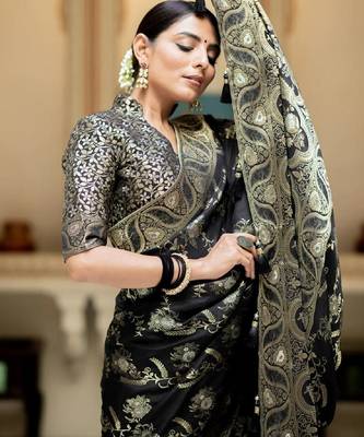 black silk blend banarasi saree with unstitched blouse piece 5