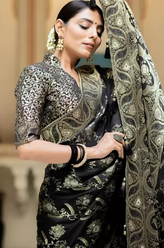 black silk blend banarasi saree with unstitched blouse piece