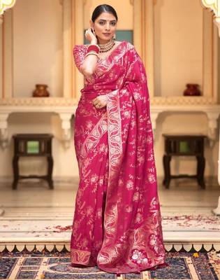 blush pink silk blend banarasi saree with unstitched blouse piece 1