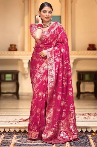 blush pink soft art silk banarasi jacuard work designer party wear saree with unstitched blouse piece