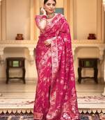 blush pink soft art silk banarasi jacuard work designer party wear saree with unstitched blouse piece
