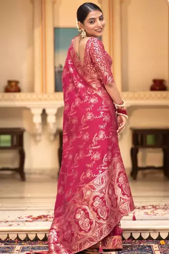 blush pink silk blend banarasi saree with unstitched blouse piece