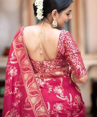 blush pink silk blend banarasi saree with unstitched blouse piece 3