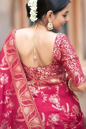blush pink silk blend banarasi saree with unstitched blouse piece