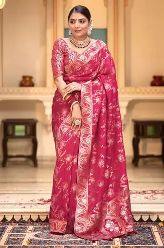 blush pink silk blend banarasi saree with unstitched blouse piece