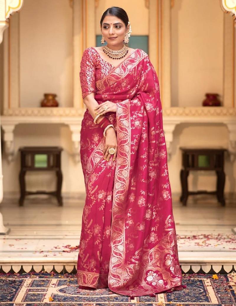 blush pink soft art silk banarasi jacuard work designer party wear saree with unstitched blouse piece
