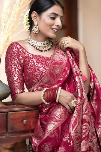 blush pink silk blend banarasi saree with unstitched blouse piece