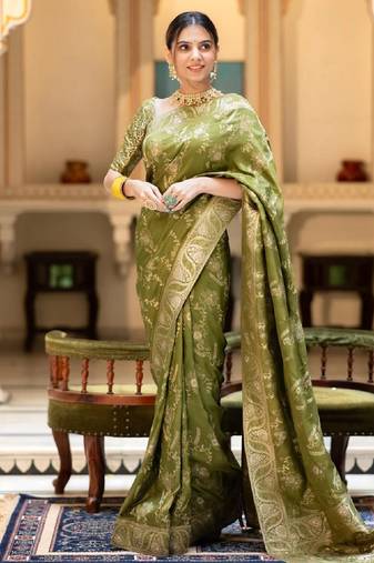 dark mehendi soft art silk banarasi jacuard work designer party wear saree with unstitched blouse piece