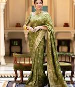 dark mehendi soft art silk banarasi jacuard work designer party wear saree with unstitched blouse piece