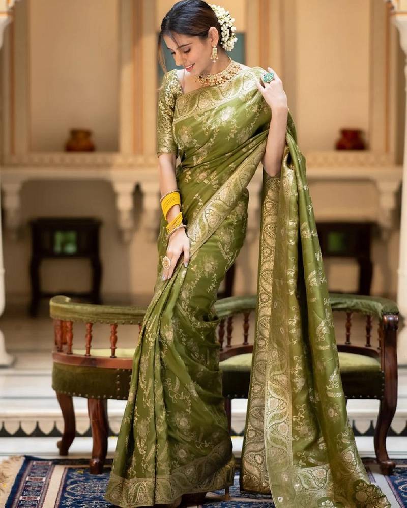 dark mehendi soft art silk banarasi jacuard work designer party wear saree with unstitched blouse piece