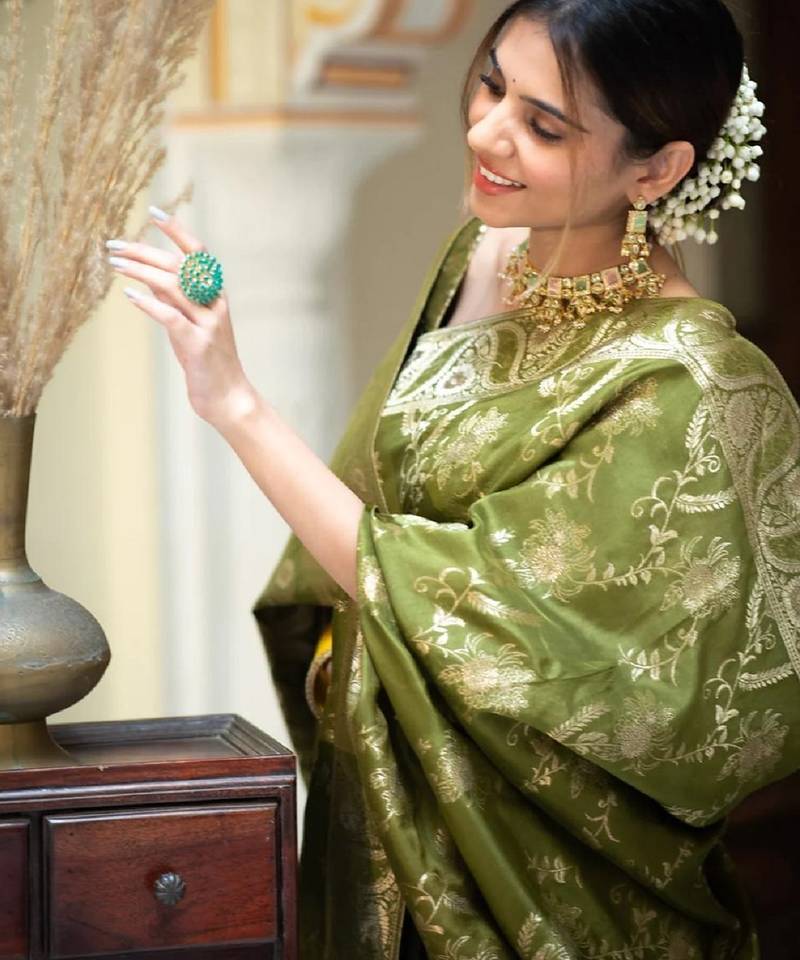 dark mehendi soft art silk banarasi jacuard work designer party wear saree with unstitched blouse piece