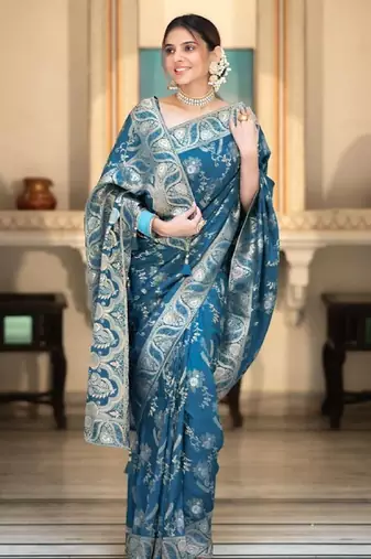 morpich  soft art silk banarasi jacuard work designer party wear saree with unstitched blouse piece