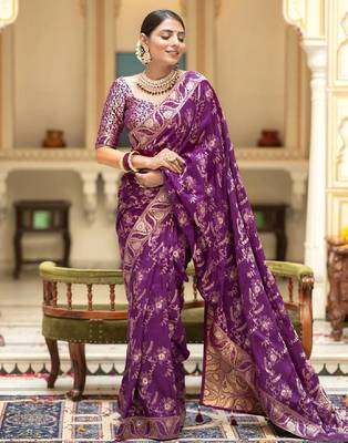 purplr silk blend banarasi saree with unstitched blouse piece 1
