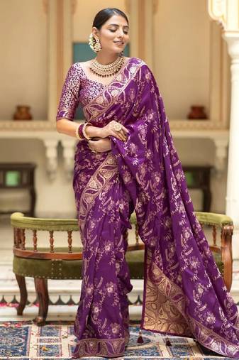 purplr  soft art silk banarasi jacuard work designer party wear saree with unstitched blouse piece