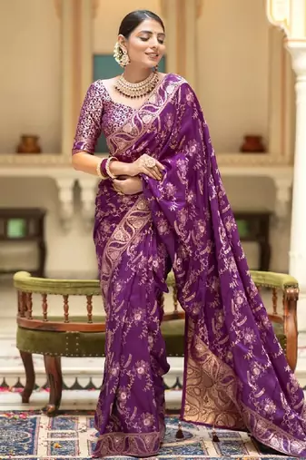 purplr  soft art silk banarasi jacuard work designer party wear saree with unstitched blouse piece