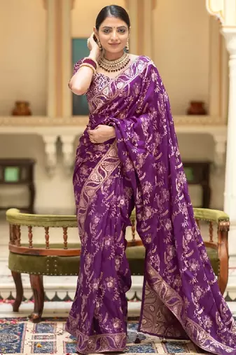 purplr silk blend banarasi saree with unstitched blouse piece