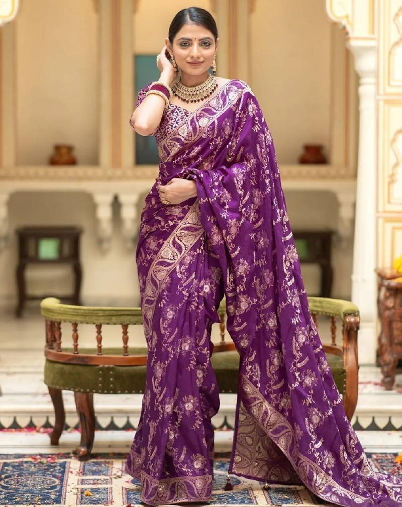 purplr  soft art silk banarasi jacuard work designer party wear saree with unstitched blouse piece