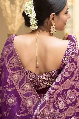 purplr silk blend banarasi saree with unstitched blouse piece