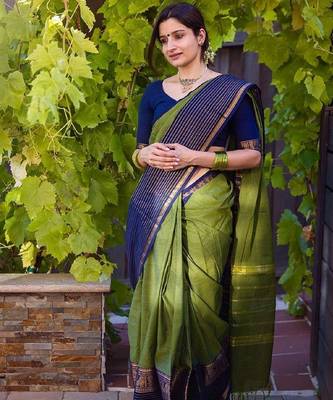 mehendi blue silk blend banarasi saree with unstitched blouse piece 1