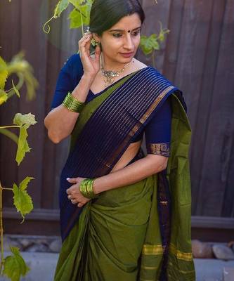 mehendi blue silk blend banarasi saree with unstitched blouse piece 2
